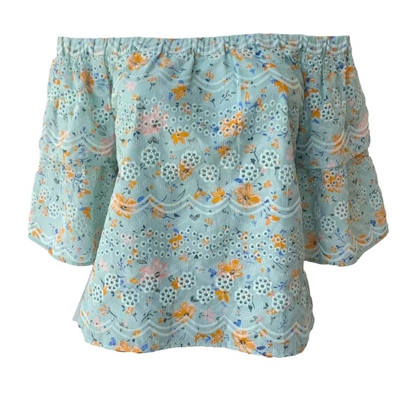 NWT Laia for Anthropologie Ashtula Off the Shoulder Eyelet Top Light Blue Medium - Picture 4 of 6